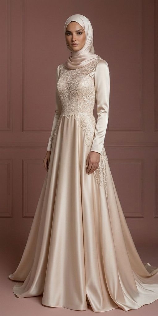 Satin & Lace Flowing Wedding Dress – Soft Champagne Hijab Style Muslim