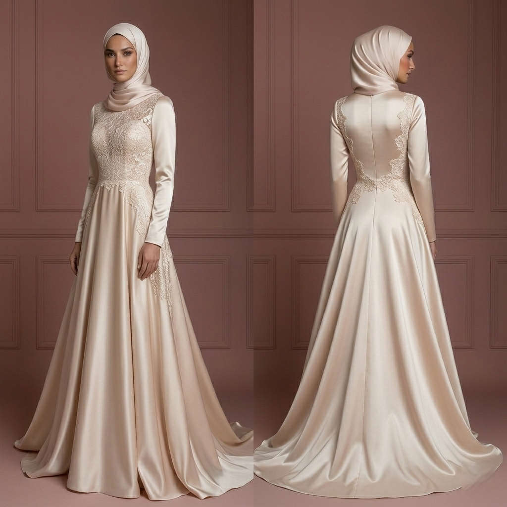 Satin & Lace Flowing Wedding Dress – Soft Champagne Hijab Style Muslim
