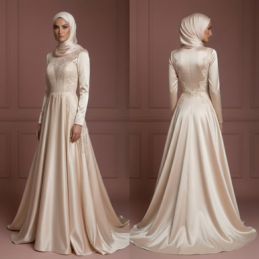 Satin & Lace Flowing Wedding Dress – Soft Champagne Hijab Style Muslim