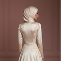 Satin & Lace Flowing Wedding Dress – Soft Champagne Hijab Style Muslim