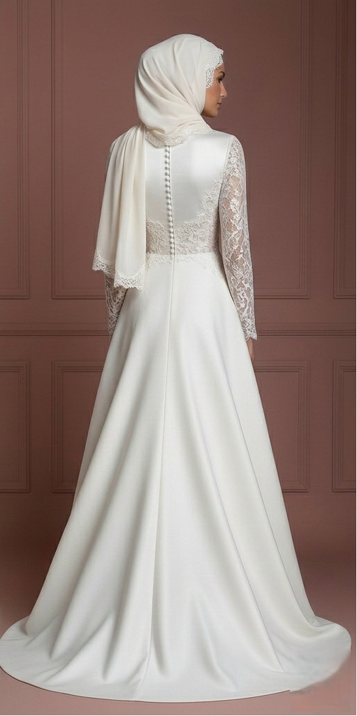 Satin & Lace Modest Muslim Wedding Dress – Ivory Elegance for Your Big Day
