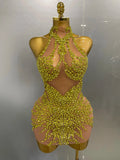 Luxury Sparkle Rhinestones Mesh Transparent Prom Dress Women Sexy Birthday Celebrate Party Club Prom Outfit Bar Costume Gold