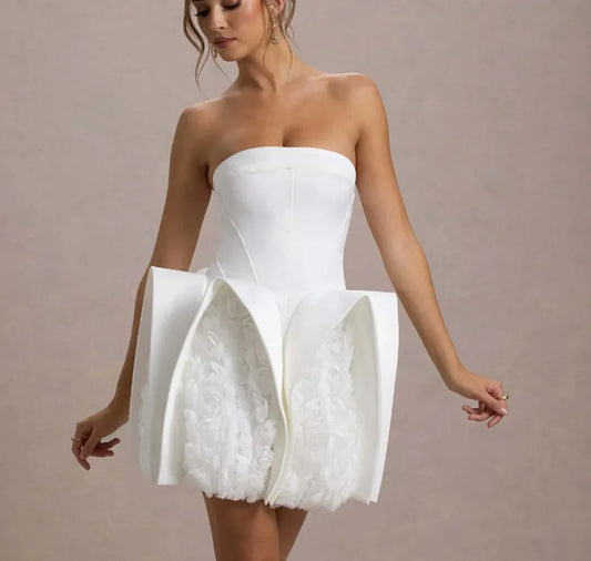 White Color Women Sexy Strapless Florals Bodycon Mini Dress Cute Girls' Birthday Party Celebrate Wedding Outfit WHITE