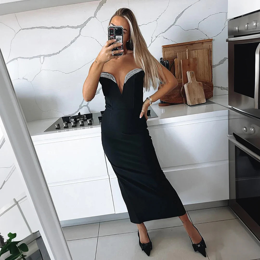 Arrival Women Sleeveless Sexy Strapless Shinning Diamond Bodycon Bandage Long Dress Celebrity Evenign Party Red Carpet Dress