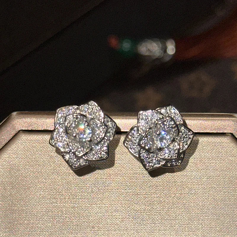 Luxury Rose Flower AAA Zircon Bridal Earrings Cubic Zirconia Wedding Earring For Bride Women Accessories Jewelry Party Dress