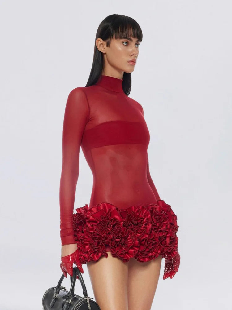 Red Color Women Long Sleeve Sexy Mesh See Through Florals Ball Gown Mini Dress Nightclub Party Celebrate Performance Stage Wear