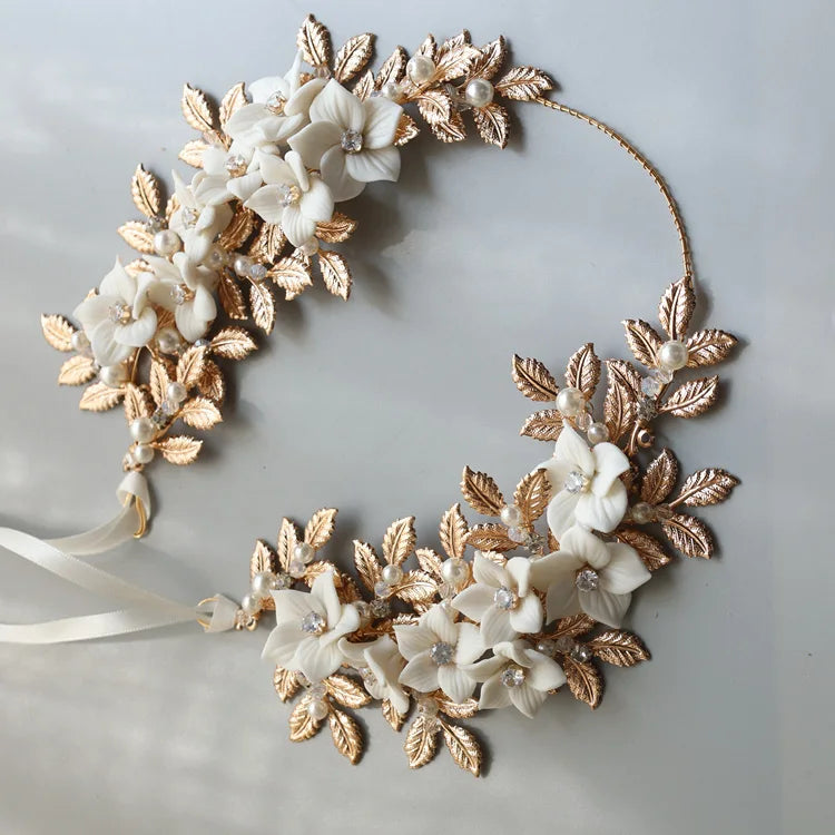 Wedding Hair Accessories Vintage Gold Color Headband Pearl Crystal Hairband Bride Porcelain Flower Leaf Headpiece Bridal Jewelry