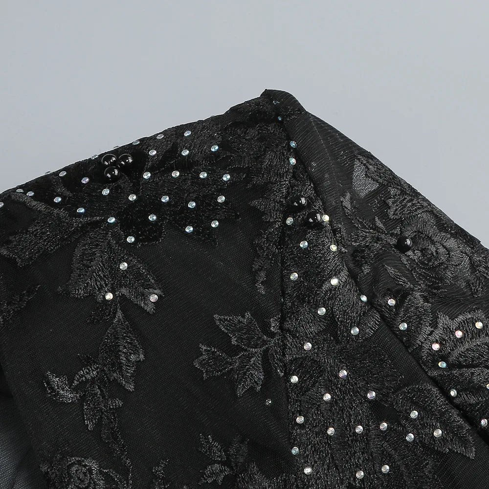 Sexy Women's Light Luxury Embroidered Hot Diamond Patchwork Design jumpsuit V-neck Long sleeved Evening Party Horn jumpsuit