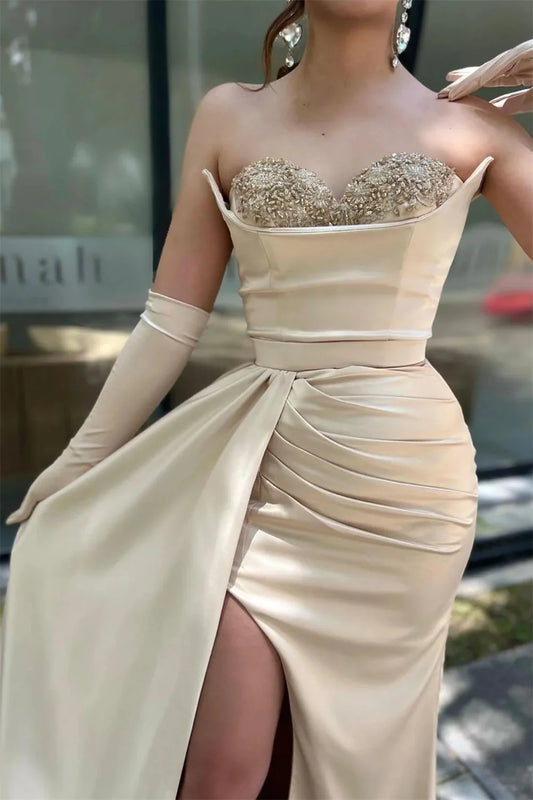 Amanda Beige Strapless vestidos de noche Heart Beaded Mermaid Prom Dresses Elegant Floor-Length Long Shawl Formal Evening 2024