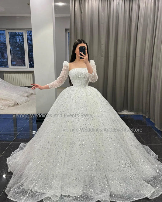 A-line Long Sleeves Wedding Dresses Strapless Sequin Bridal Gown Floor Length Bride Dress for Women Vestidos De Novia