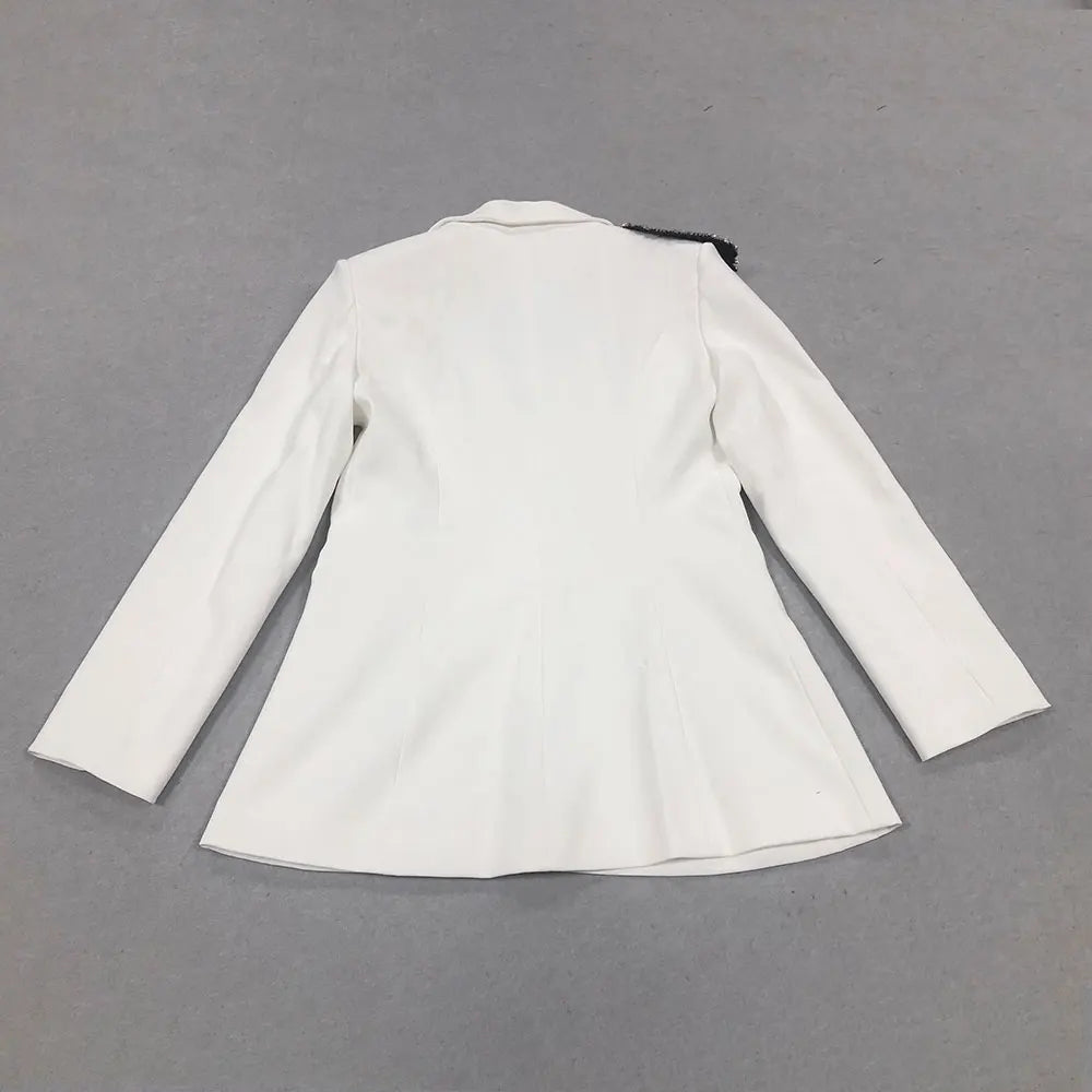 Elegant Women Office OL Blazer Polo Collar Long Sleeve Slim Fit Single breasted Stereoscopic Water Diamond Flower Suit Coat