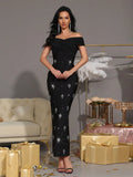 Women's Light Luxury Nail Diamond Design Bandage Dress with Off Shoulder Shoulder Sleeve Bodycon Long Dress Party Vestidos