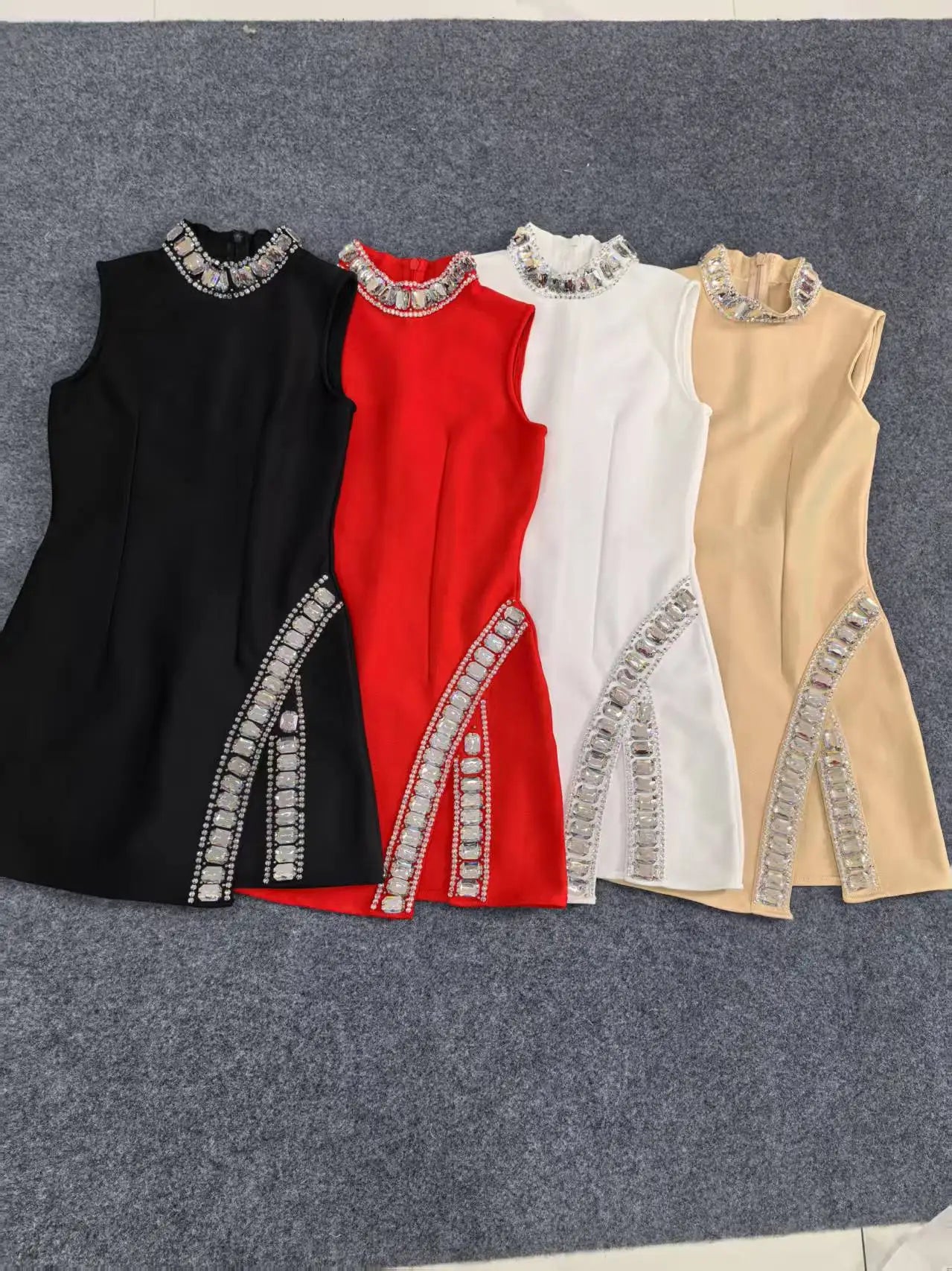 Black Red Women Sleeveless Sexy Big Crystal Sparkly Bodycon Mini Bandage Dress Celebrate Birthday Party Nightclub Outfit Vestido Red