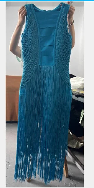 Sexy Women's Wear Heavy Industry Tassel Bandage Dress O-Neck Sleeveless Slim Fit Long Dress Cocktail Evening Party Vestidos
