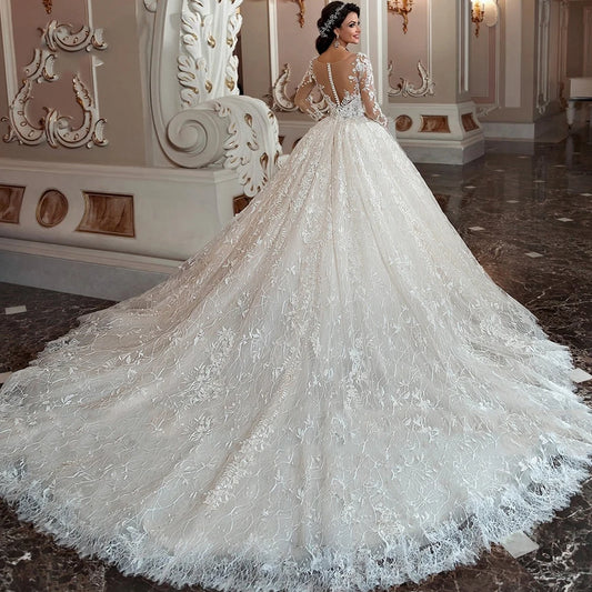 Sexy A-line V-neck Bespoke Wedding Dress Italian Exquisite Lace White Tulle Long Sleeve Train Button Bride Dress