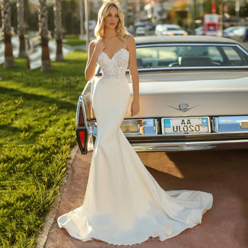 Sexy sem costas sereia vestido de casamento com decote em v cintas de espaguete cetim vestido de noiva plus size feito sob encomenda