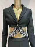 2024 Women Bandage Long Pants Set With Lapel Long Sleeved Nail Bead Design Backless Sexy Ultra Short Jacket+Pants Two-Piece Set