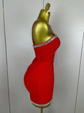 Women Celebrity Luxury Sexy Summer Square Collar Red Crystal Mini Bandage Dress Knitted Elegant Evening Club Party Outfit