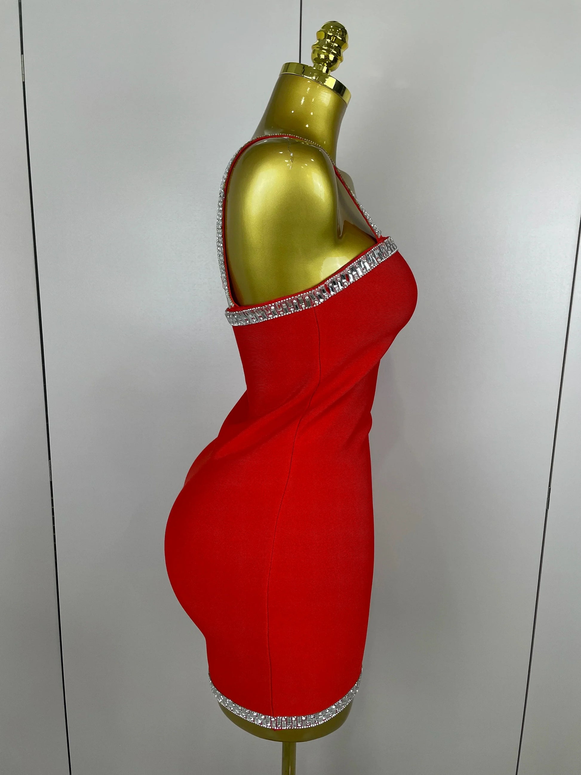 Women Celebrity Luxury Sexy Summer Square Collar Red Crystal Mini Bandage Dress Knitted Elegant Evening Club Party Outfit