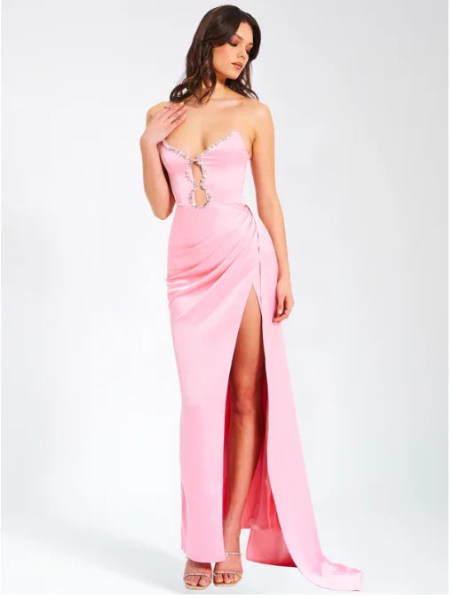 Pink Color Women Sexy Strapless Shinning Crystal Satin Bodycon High Split Dress Sweet Birthday Party Valentine's Day Dress Pink