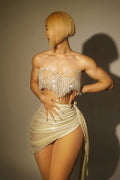 Summer Beading Tassel Sexy See Through STrapless Top And Mini Skirt 2 Pieces Woman Set Party Vestido Performances Costume