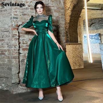 Elegant Green Arabia Prom Dresses Taffeta O-Neck Half Sleeves Sequineds Tea Length Evening Dresses Women Party Gowns