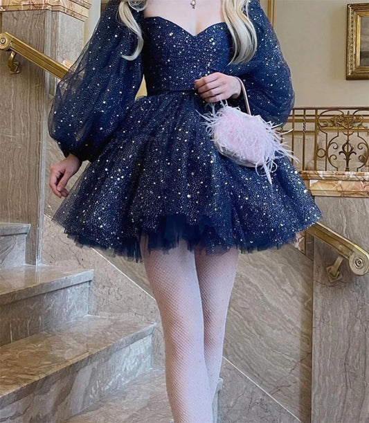 Sansa Dark Blue Mini فساتين السهرة Sweetheart Puffy Sleeves Glitter Vestidos De Noche Heart Shaped Neck Tulle Prom Dresses 2024