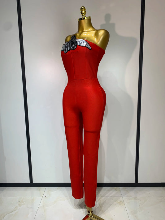 Fashion Celebrate Sparkly Sequin Women Sexy Strapless Bodycon Bandage Jumpsuit Streetwea Nightclub Party Luxury Birthday Outfit