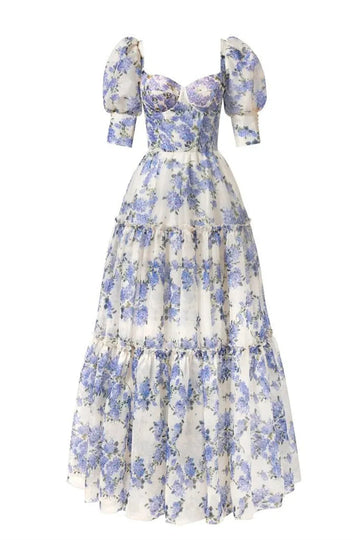 Sansa Sweet Blue and White Porcelain Fabric A-line Prom Dress with Puffy Sleeves As Picture