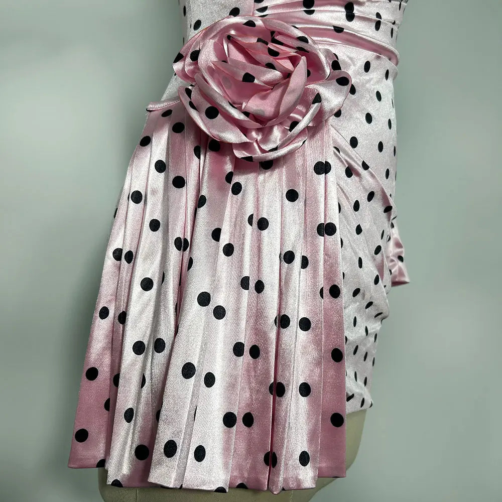 Sexy Women'S Three-Dimensional Flower Patchwork Polka Dot Dress V-Neck Long Sleeved Draped Bodycon Pink Mini Dress Vestidos