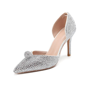 Luxury Women's Pointed Toe Rhinestone Pumps in Sequined Cloth, Thin High Heels for Spring Summer Party and Wedding Silver