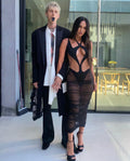 Women Sleeveless Sexy Halter See Through Bodycon Mid-calf Bandage Dress Nightclub Party Celebrate Dress