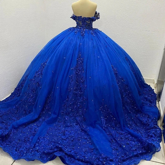 Luxury Royal Blue Quinceanera Dresses Shiny Lace Birthday Party Ball Gown Vestidos de 15 años Corset