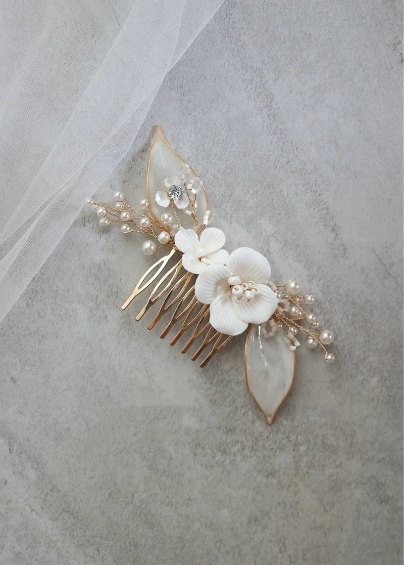 Bridal Jewelry Porcelain Flower Hairpin Gold Color Head Piece For Bridesmaids Bride Pearl Hair Comb Pin Clip Wedding Accessories