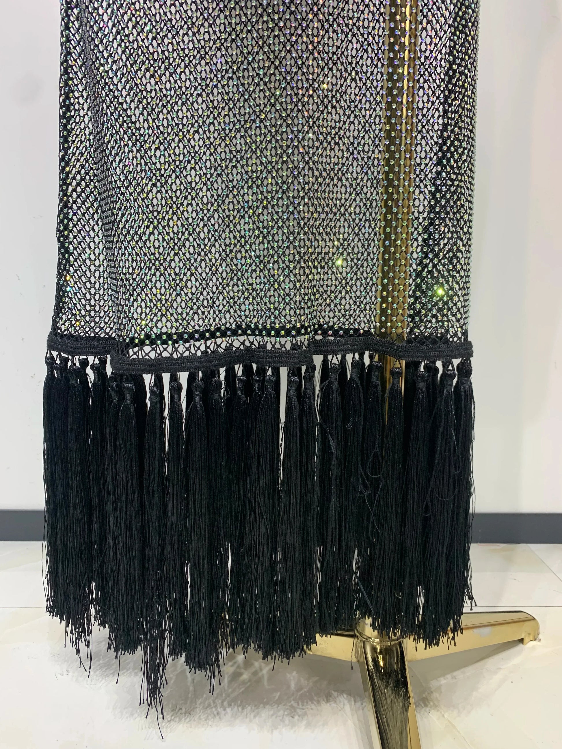 Fashion Black Sleeveless Sparkly Diamonds Tassel Bandage Dress Celebrity Cocktail Evening Party Luxury Birthday Gown