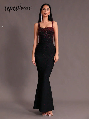 Elegant Women Light Luxury Hot Diamond Bandage Dress Camisole Sleeveless Bodycon backless Long Dress Evening Party Vestidos