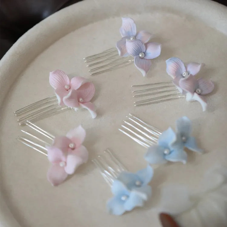 Bridal Jewelry Pink Blue Porcelain Flower Hair Pins Clips Pearl Hairpins For Brides Bridesmaids Headpieces Wedding Accessories