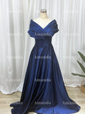 Gorgeous Silk Satin Ball Gown Prom Dress Elegant Dark Blue Evening Dress Off The Shoulder Floor Lenght فستان سهرة