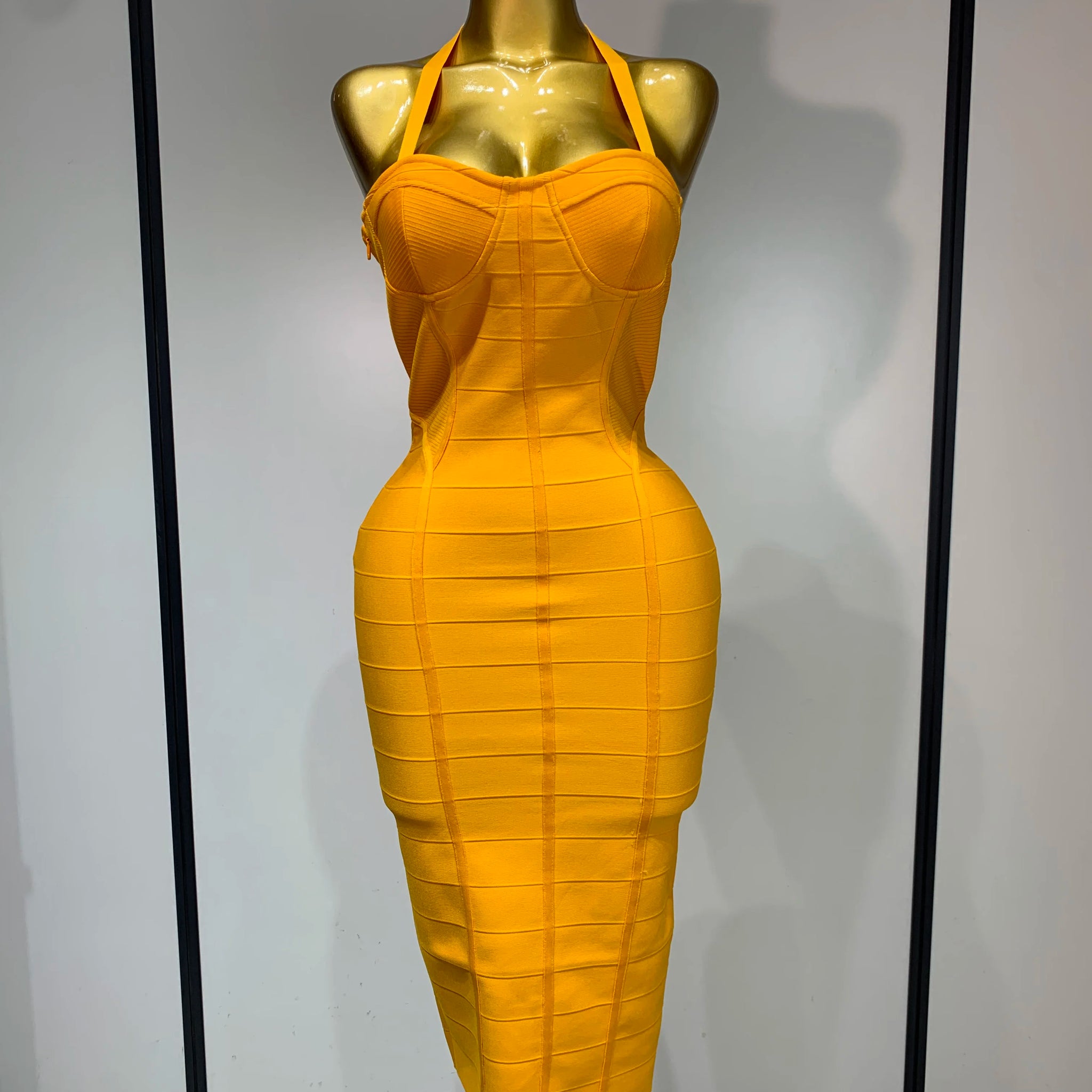 Women Sexy Backless Bandage Midi Dress Fashion Halter Sleeveless Backless Bodycon Club Evening Party Wedding Guest Dresses Orange
