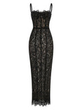 Elegant Lace Spaghetti Strap Long Dress Women Slim Sleeveless Sling Evening Party Gowns Summer Female Fashion Robe