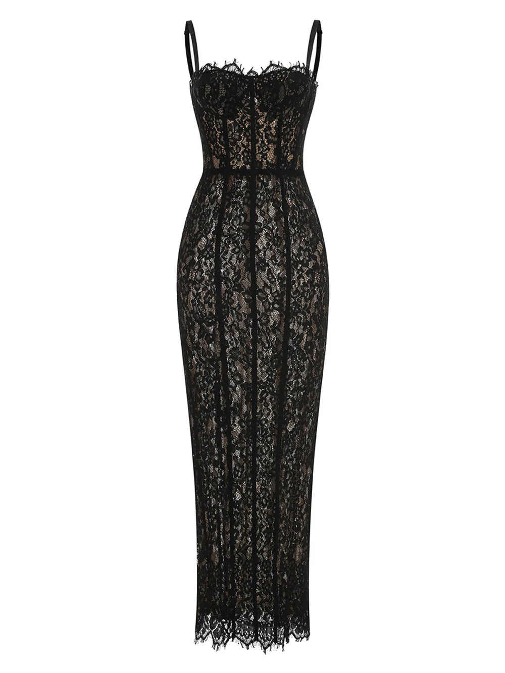 Elegant Lace Spaghetti Strap Long Dress Women Slim Sleeveless Sling Evening Party Gowns Summer Female Fashion Robe