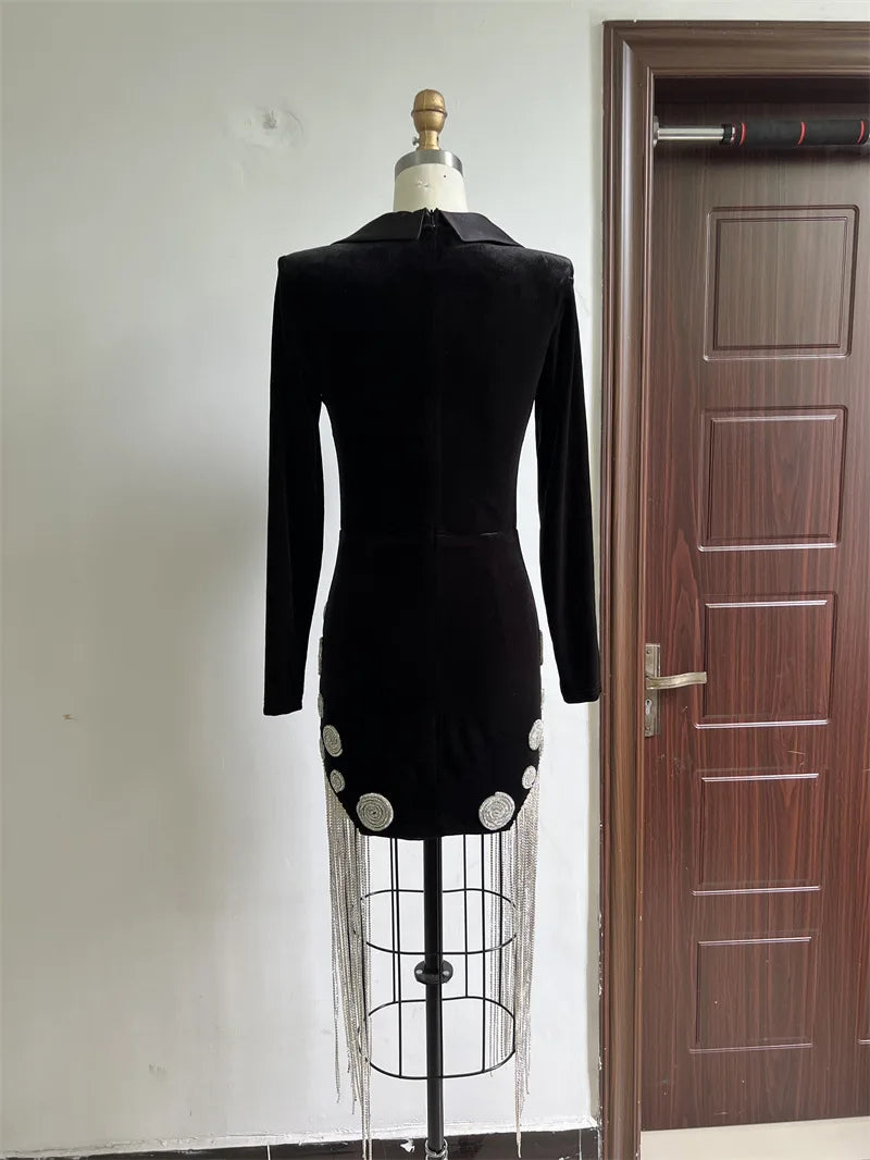 Luxury Diamonds Tassel Sexy Deep V Notched Black Velvet Dress Woman Evening Party Vestido Celebrate Club Party Outfit