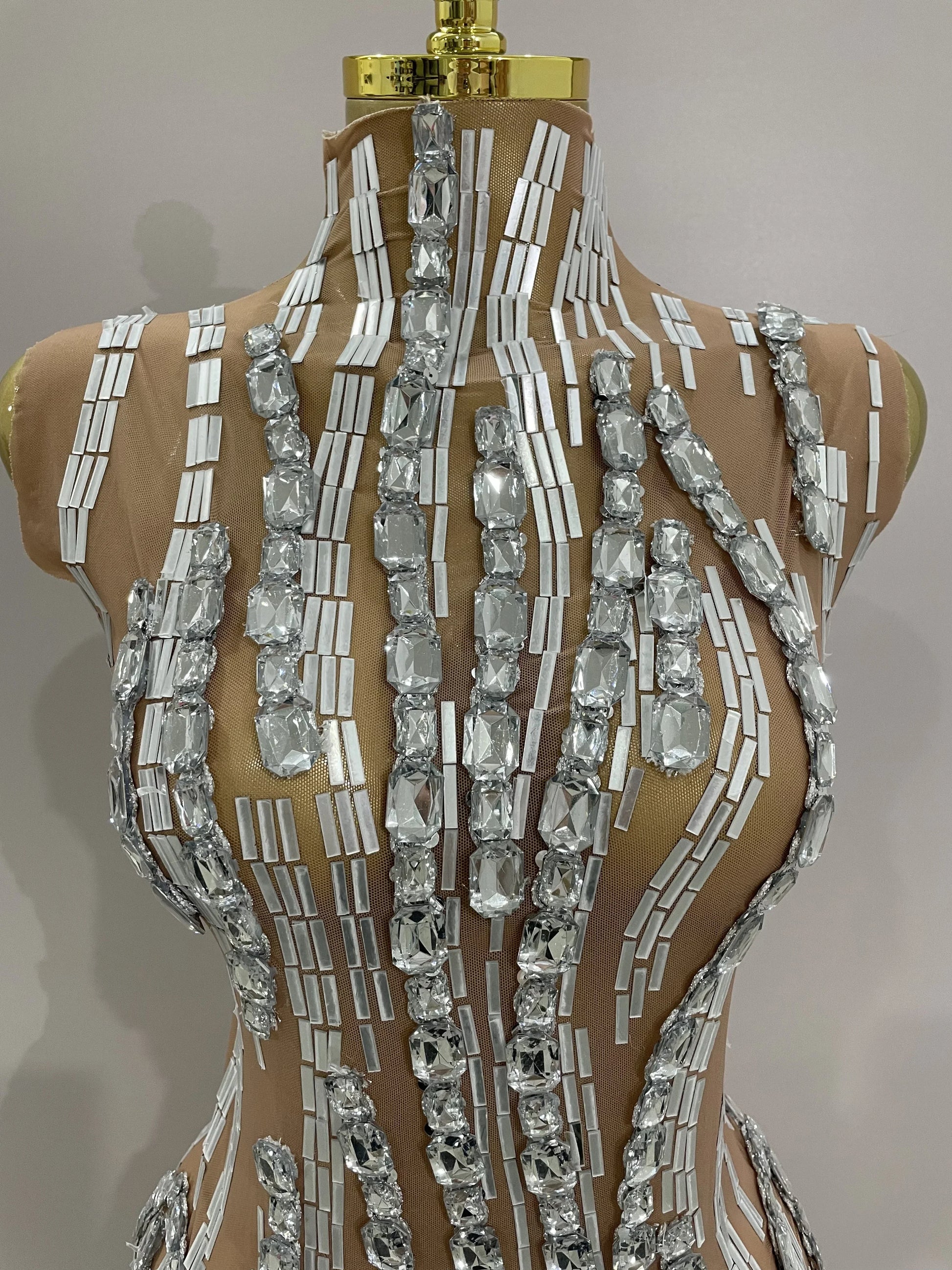 Sparkly Rhinestone Chain Sexy Transparent Sleeveless Bodysuit Women Party Nightclub Team Performance Costume Show Stage Wear