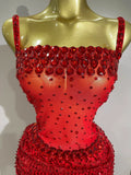 Sparkly Red Rhinestones Sequins Sexy See Through 2PCS Long Dress Women Celebrate Evening Birthday Party Dress Stage Costumes