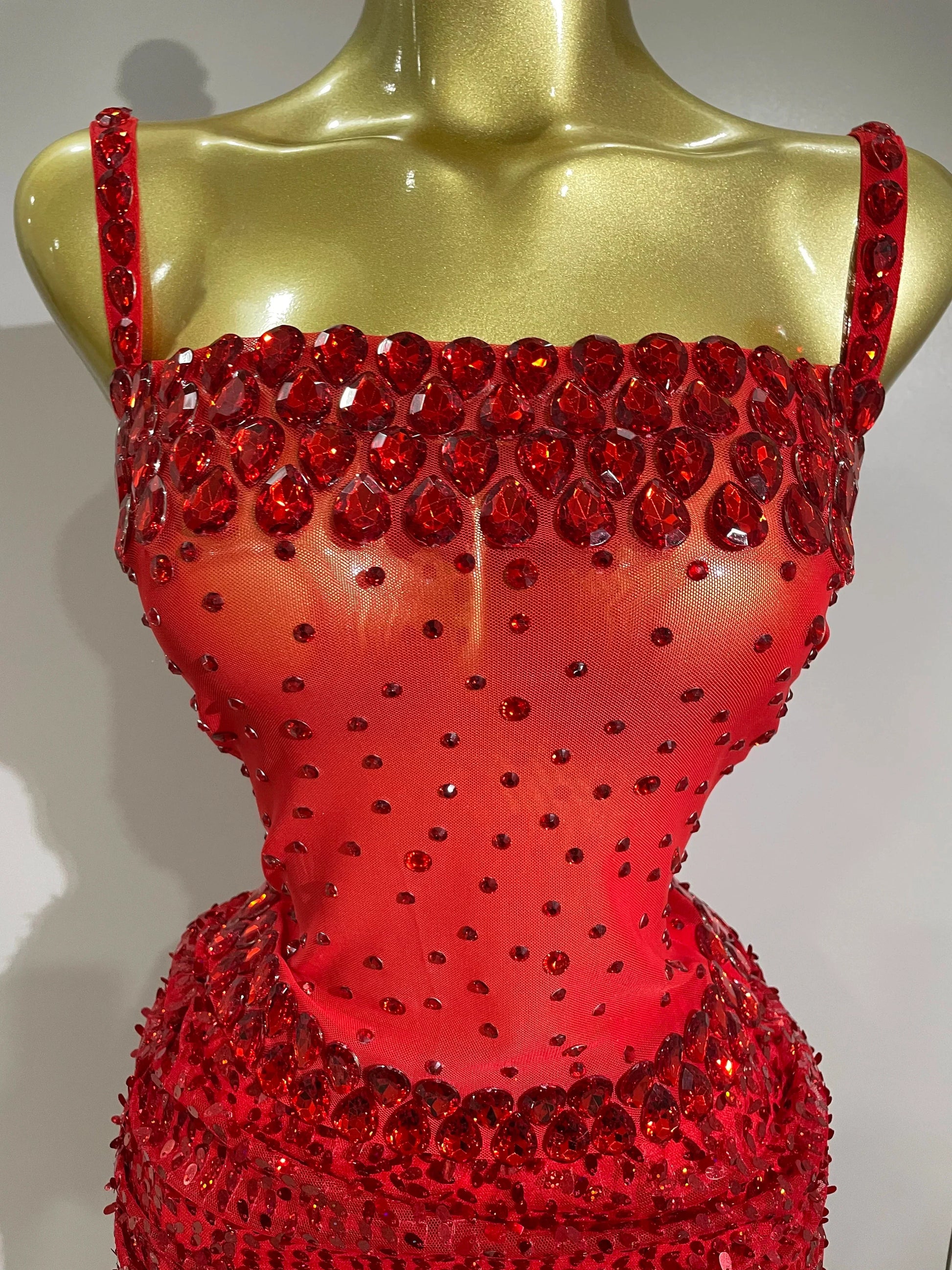 Sparkly Red Rhinestones Sequins Sexy See Through 2PCS Long Dress Women Celebrate Evening Birthday Party Dress Stage Costumes