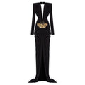 Sexy Women's Light Luxury Maxi Dress Deep V-neck Long Sleeve Three Dimensional Beaded sequin Design Bodycon and Floor Dress black