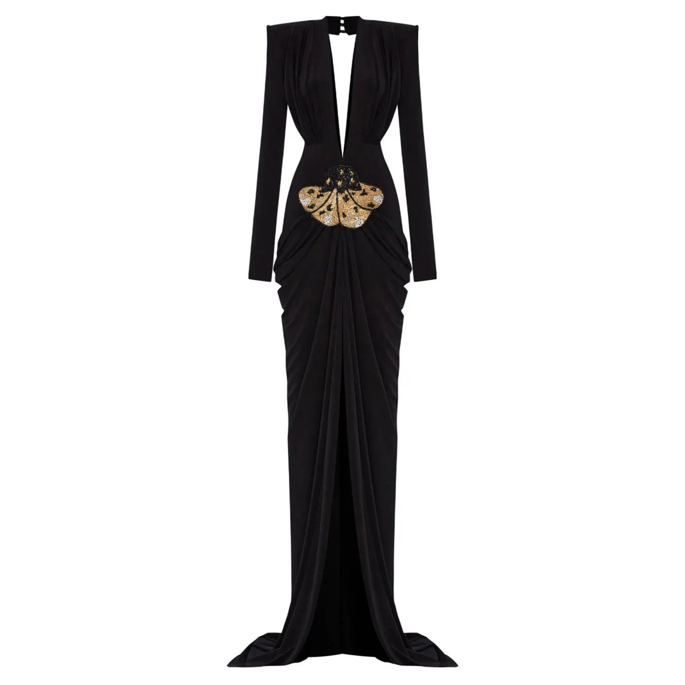 Sexy Women's Light Luxury Maxi Dress Deep V-neck Long Sleeve Three Dimensional Beaded sequin Design Bodycon and Floor Dress black
