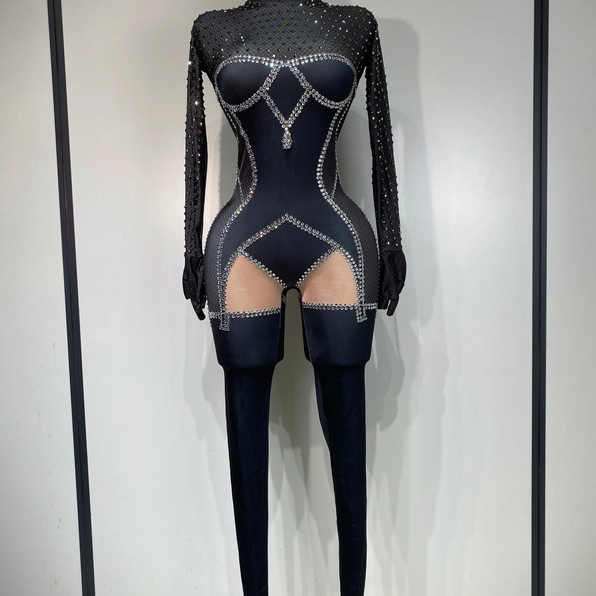 Sparkly Diamond Women Sexy Bodycon Jumpsuit Nightclub Bar Party Show Gogo Dancer Clothing Drag Queen Outfit Stage Costume Black