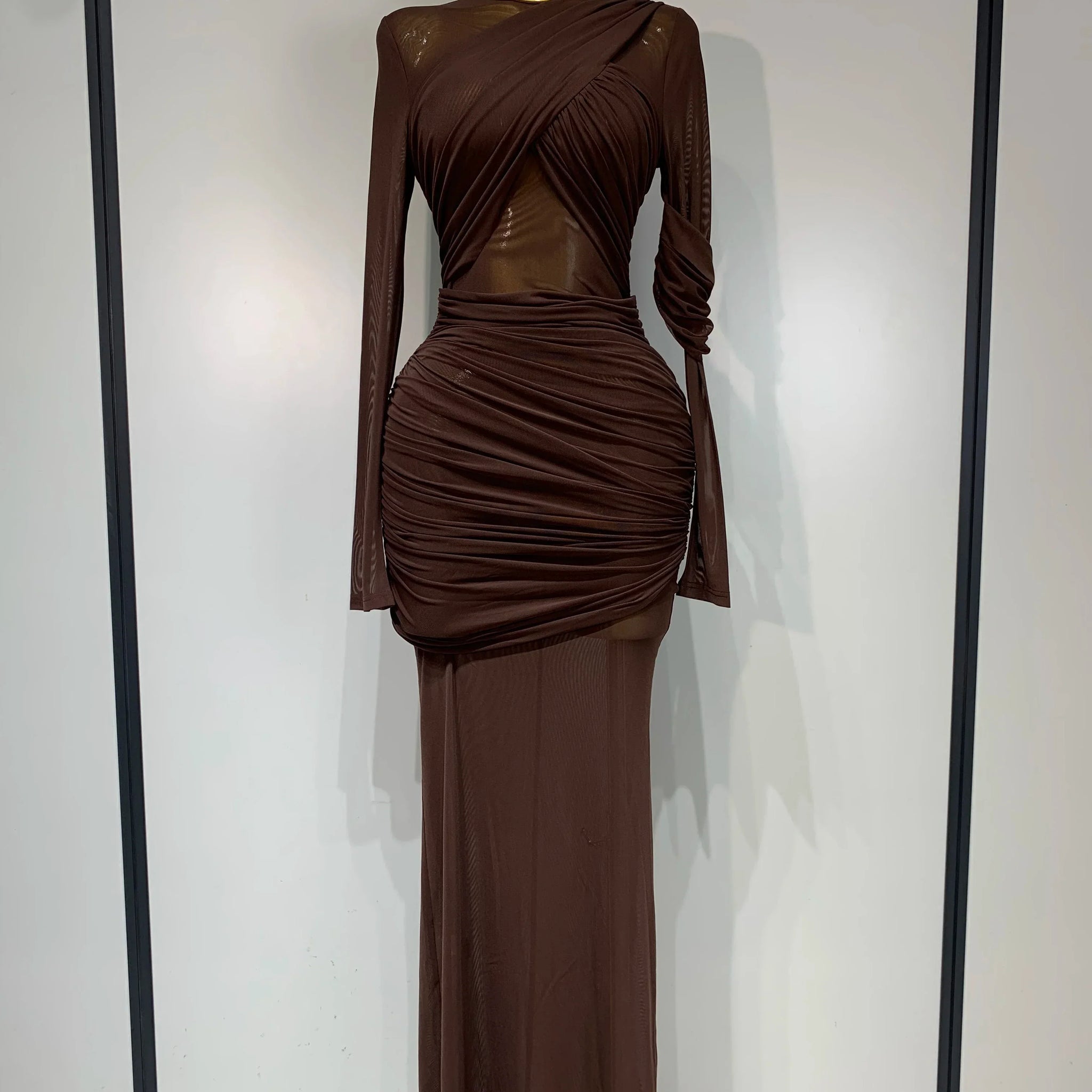 Elegant Brown Mesh Fold Long Sleeve Bodycon Dress Women Evening Party Club Sexy Perspective Fashion Luxury Birthday Dresses Dark Brown