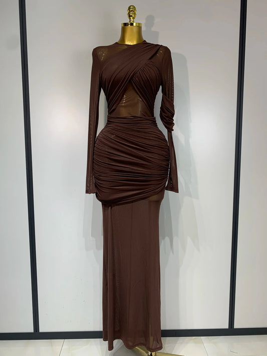 Elegant Brown Mesh Fold Long Sleeve Bodycon Dress Women Evening Party Club Sexy Perspective Fashion Luxury Birthday Dresses Dark Brown